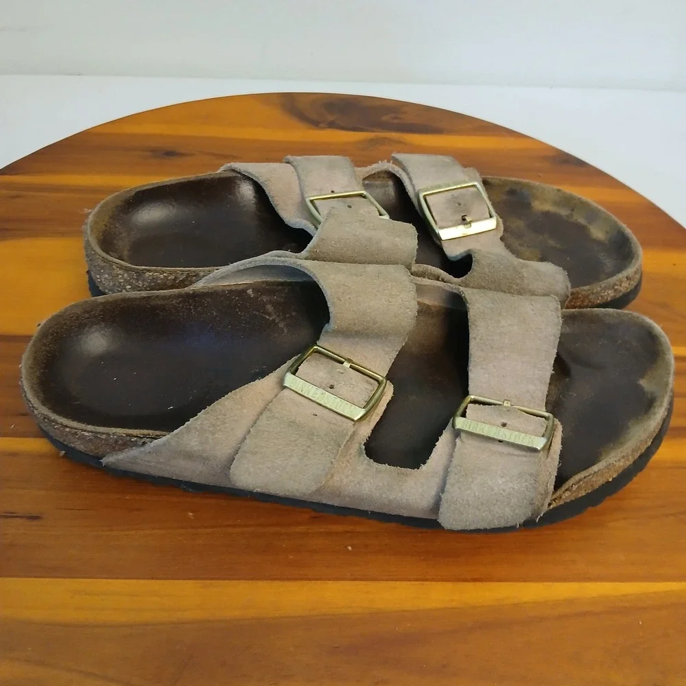 Birkenstock Arizona Sandals Mens Size 39 Brown Suede Leather Two Strap Cork